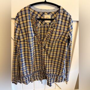 Hollister Blue and Yellow Plaid Ruffle V-Neck Shirt